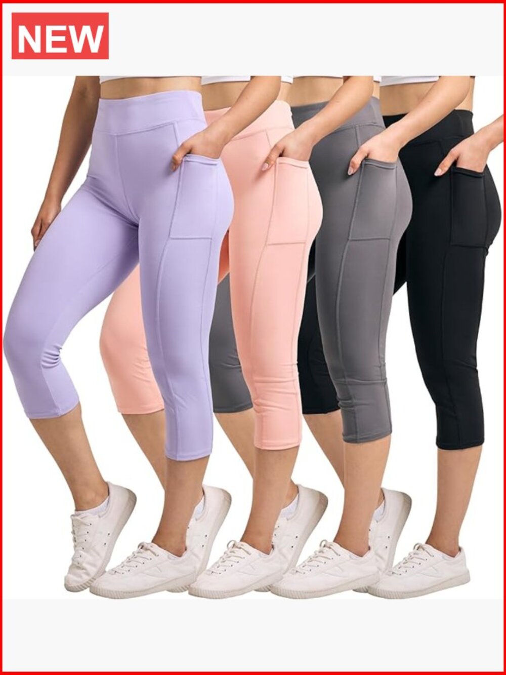 4 Pack Capri Leggings with Pockets High Waisted Tummy Control Yoga Workout Pants